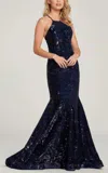 Colette By Mon Cheri High Neck Halter Sequin Mermaid Dress In Navy