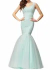 Colette By Mon Cheri Lace And Tulle Mermaid Gown In Ivory/aqua In Blue