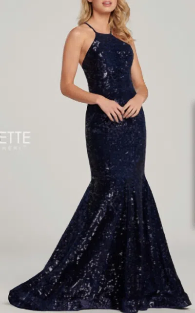 Colette By Mon Cheri Velvet Sequin High Neck Gown In Navy