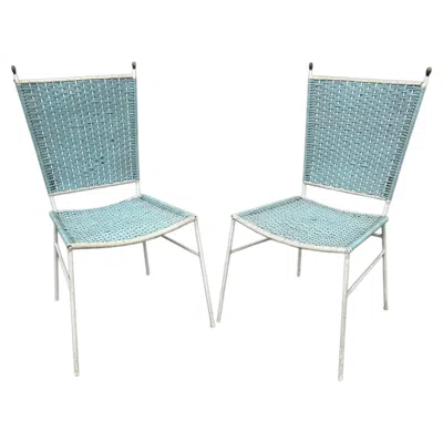 Pre-owned Colette Gueden Vintage 1950s Garden Chairs, Lacquered Metal Frame, Woven Plastic In Blue