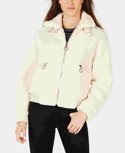 Collection B Junior's Faux Fur Teddy Bomber Jacket White Size Medium In Multi