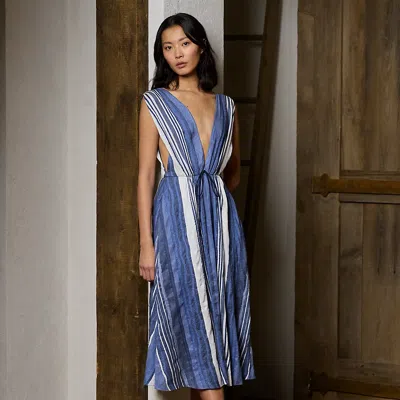 Collection Pammela Striped Linen-silk Day Dress In Blue