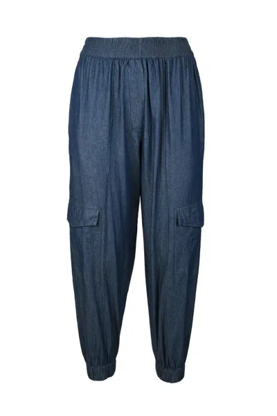 Collection Privèe Cropped Cotton Trousers With Relaxed Fit And Denim Texture In Blue