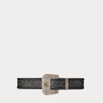 Collection Tooled-buckle Calf-suede & Calfskin Belt In Black