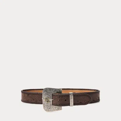 Collection Tooled-buckle Calf-suede & Calfskin Belt In Brown
