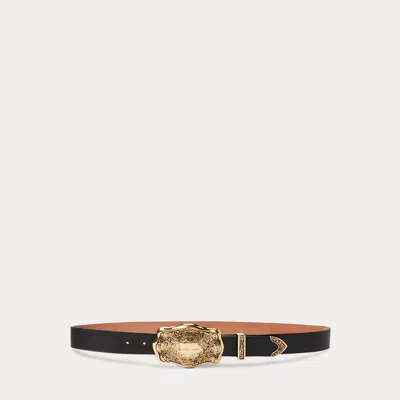 Collection Tooled-buckle Pebbled Calfskin Belt In Black