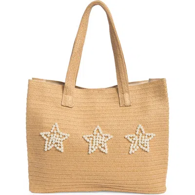 Collection Xiix Imitation Pearl Bead Straw Tote Bag In Beige Stars
