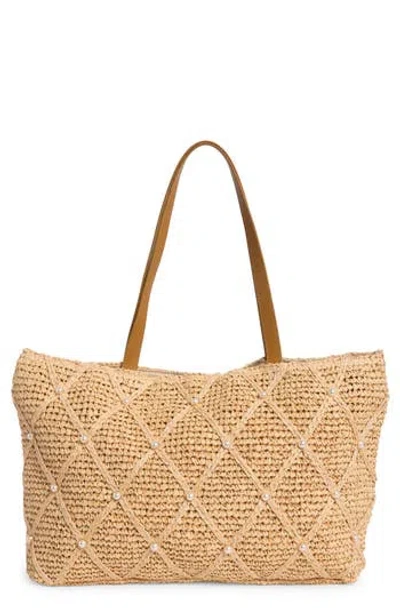 Collection Xiix Imitation Pearl Bead Straw Tote Bag In Brown