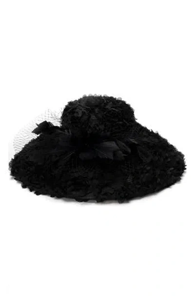 Collection Xiix Rosette & Feather Wide Brim Hat In Black