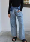 Collective Color Block Button Waist Denim Pants In Medium Wash
