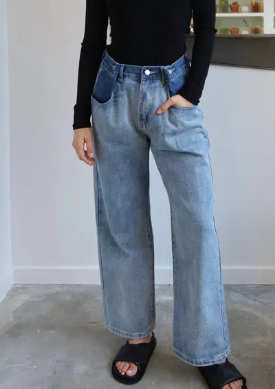 Collective Color Block Button Waist Denim Pants In Medium Wash