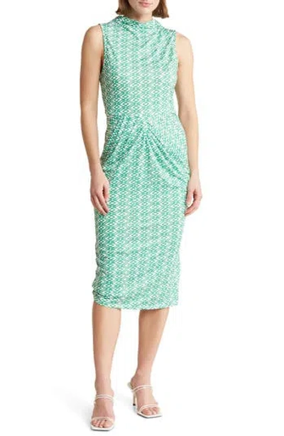 Collective Concepts Geo Print Sleeveless Midi Dress In Green/white