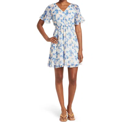 Collective Concepts Printed Smocked Waist Dress In White/blue