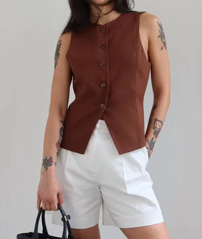 Collective Linen Button Down Split Hem Vest In Brown