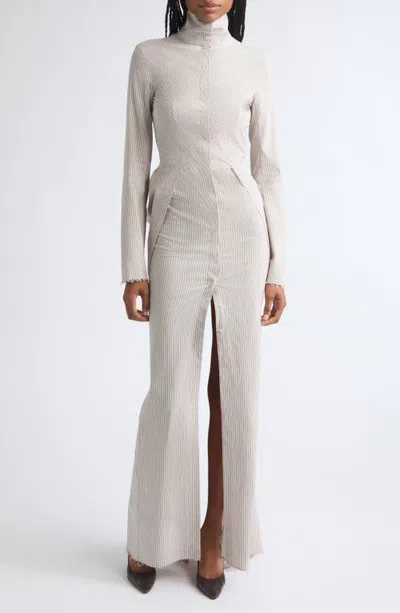 Colleen Allen Tailored Bustle Striped Cotton & Silk Maxi Dress In Brown