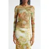Collina Strada Arc Ruched Long Sleeve Mesh Top In Sage Molten Floral