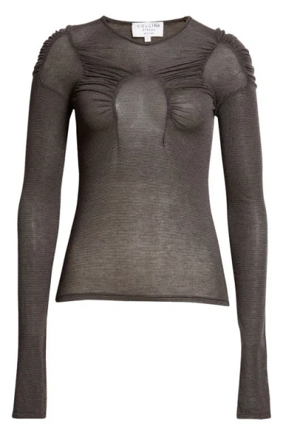 Collina Strada Arc Stripe Ruched Long Sleeve Top In Charcoal Stripe