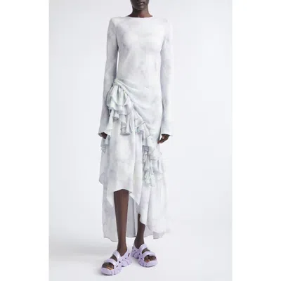 Collina Strada Athena Long Sleeve Ruffle Asymmetric Crepe Dress In Gray