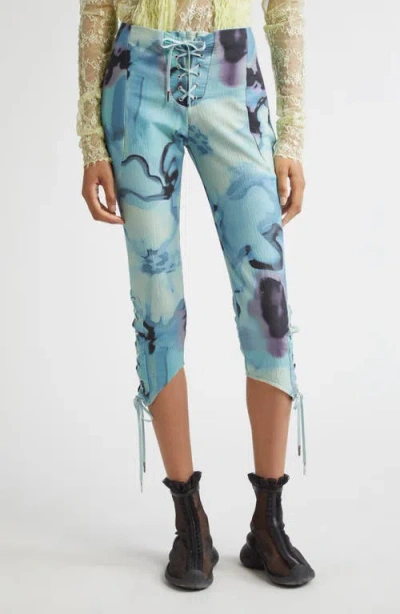 Collina Strada Baneberry Lace-up Organic Cotton Capri Pants In Sky Watercolor Floral