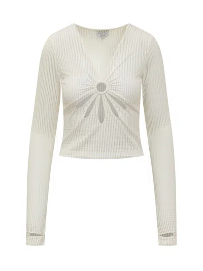 Collina Strada Beige Textured V Neck Top In White