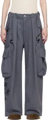 Collina Strada Blue Pleated Denim Cargo Pants In Charcoal Daisy
