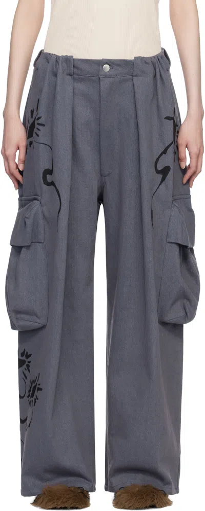 Collina Strada Blue Pleated Denim Cargo Pants In Charcoal Daisy