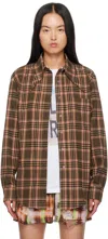 Collina Strada Brown & Pink Plaid Bat Button Up Shirt In Pink Brown Plaid