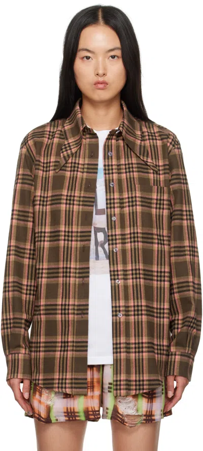 Collina Strada Brown & Pink Plaid Bat Button Up Shirt In Pink Brown Plaid