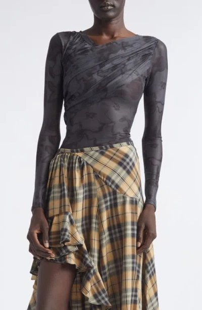 Collina Strada Cardio Wrapped Floral Scribble Mesh Top In Gray