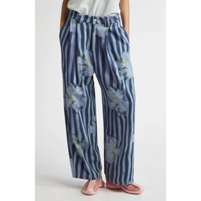 Collina Strada Catchfly Pleated Wide Leg Jeans In Wavy Navy Flower Stripe