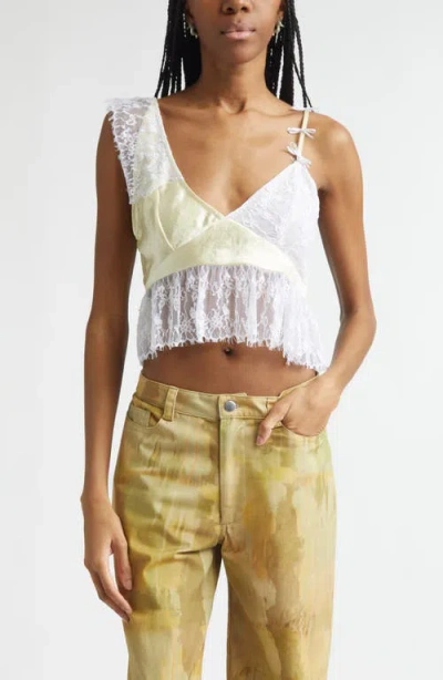 Collina Strada Dahlia Asymmetric Lace & Satin Crop Tank In White