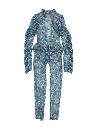 Pre-owned Collina Strada Floral Print V-neck Jumpsuit W/ Tags In Blue