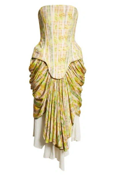 Collina Strada Giva Plaid Strapless Corset Cocktail Dress In Yellow Boxer Plaid