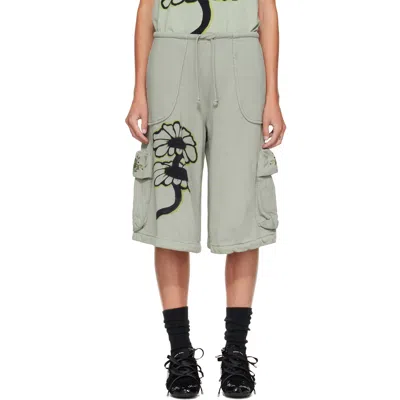 Collina Strada Green Cargo Sweat Shorts In Olive Twin Flowers