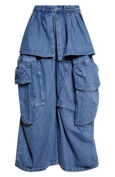 Collina Strada Hazel Skirt Panel Oversize Denim Cargo Pants In Blue