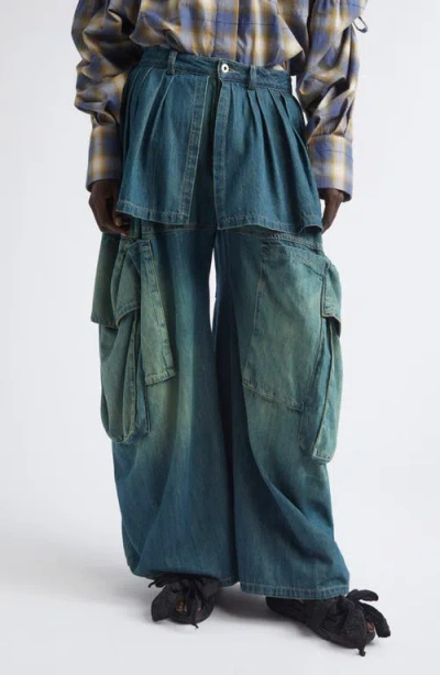 Collina Strada Hazel Skirt Panel Oversize Denim Cargo Pants In Blue