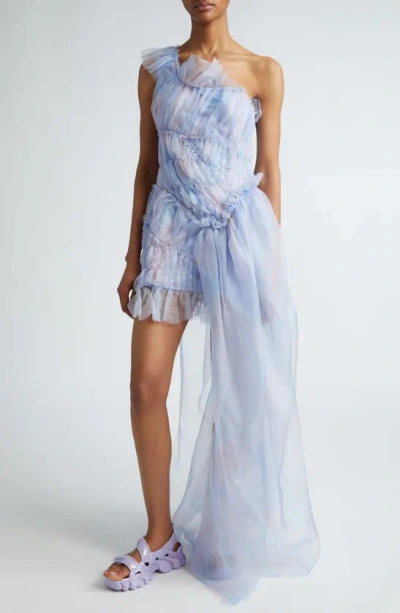 Collina Strada Jazelle One-shoulder Silk Tulle Minidress In Periwinkle Plaid