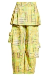 Collina Strada Lawn Plaid Skirt Overlay Cargo Pants In Lime Plaid