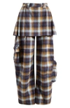Collina Strada Lawn Plaid Skirt Overlay Cargo Pants In Navy Camel Plaid