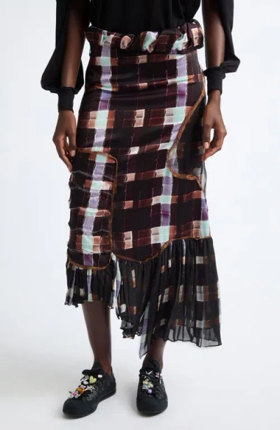 Collina Strada Lily Painted Plaid Asymmetric Satin Midi Skirt In Multi