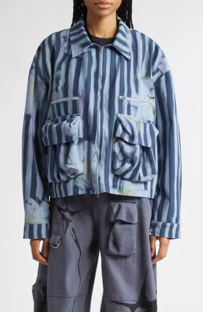 Collina Strada Nash Bloom Doodle Twill Jacket In Wavy Navy Flower Stripe
