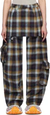 Collina Strada Lawn Plaid Skirt Overlay Cargo Pants In Navy Camel Plaid