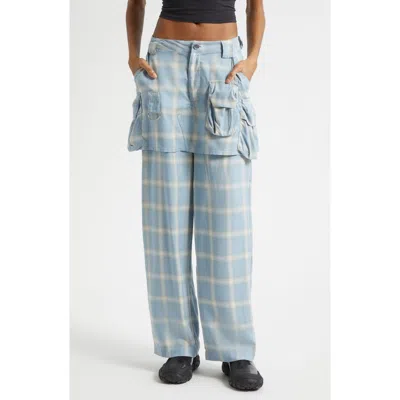 Collina Strada Ocean Plaid Cargo Skirt Overlay Wide Leg Pants In Blue