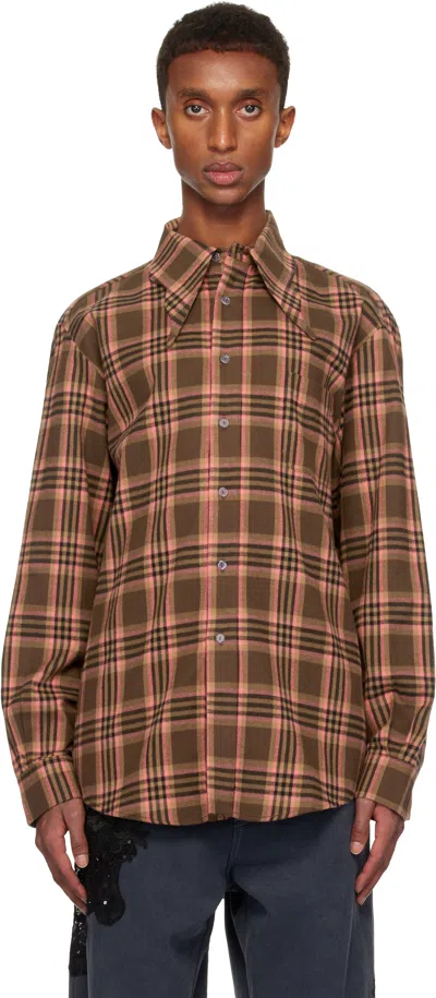 Collina Strada Pink & Brown Bat Button Shirt In Pink Brown Plaid