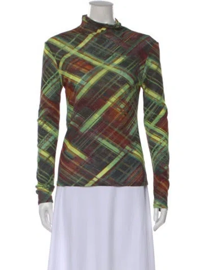 Pre-owned Collina Strada Plaid Print Mock Neck Top In Green