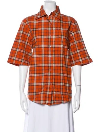 Pre-owned Collina Strada Plaid Print Short Sleeve Button-up Top In Orange