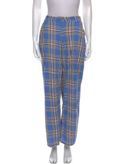Pre-owned Collina Strada Plaid Print Wide Leg Pants In Blue