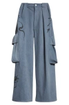 Collina Strada Pleated Crushed Velvet Cargo Pants In Charcoal Daisy