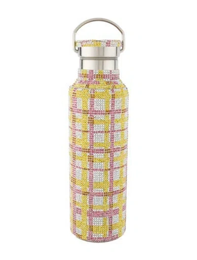 Pre-owned Collina Strada Rhinestone Water Bottle Plaid-yellow/pink In Silver