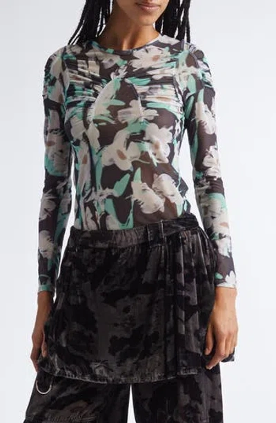 Collina Strada Serpentine Leopard Floral Long Sleeve Mesh Top In Multi